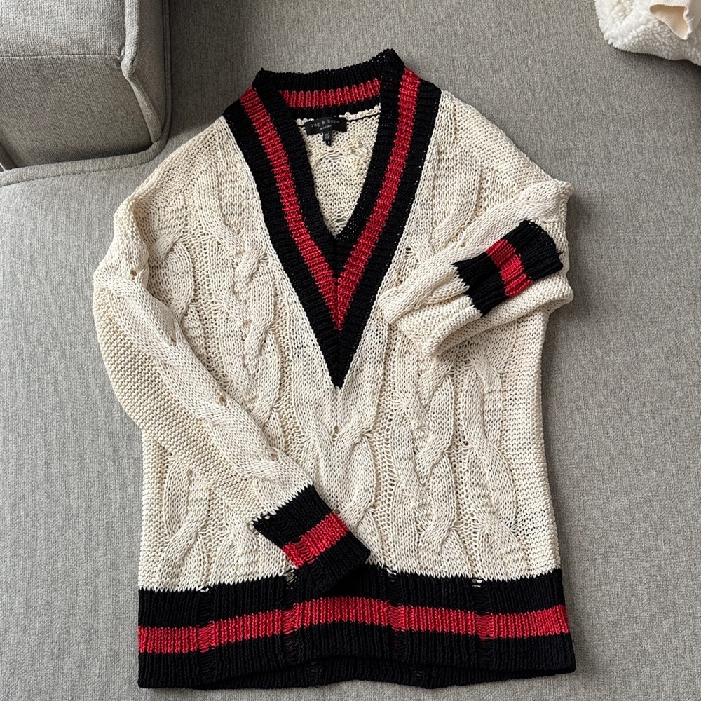rag & bone V-Neck Sweater in Cream, Black, and Red